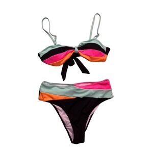 Popvil Bikini Set Women M Multicolor New Ribbed Colorblock High Waist Two Piece